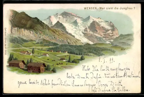 Lithographie Wengen, Wer sieht die Jungfrau?, Suchbild, Berg mit Gesicht / Berggesichter