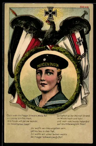 Künstler-AK Bruno Bürger & Ottillie Nr. 8849: Matrose der Matrosen-Division in Uniform unter Adler, Reichskriegsflagge