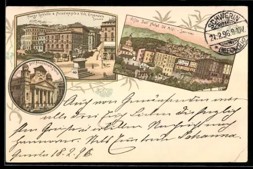 Lithographie Sanremo, Piazza Corvetto e Monumento Vitt. Emanuele, Hotel du MIdi