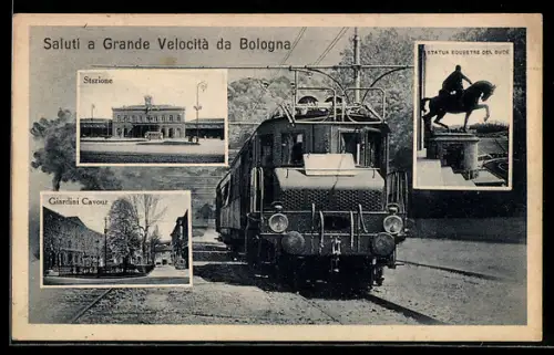 AK Bologna, Stazione, Giardini Cavour, Statue Equeste del Duce