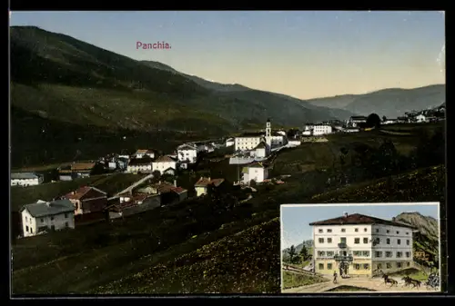 AK Panchia, Vista panoramica del villaggio con edificio storico e paesaggio montano