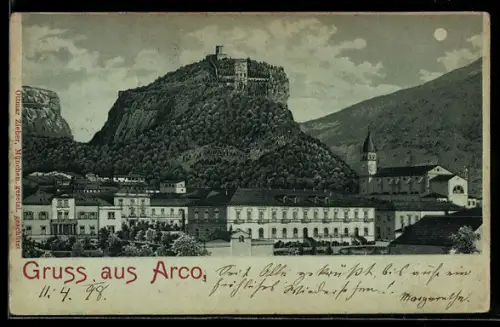 Mondschein-Lithographie Arco, Veduta del castello e della città storica