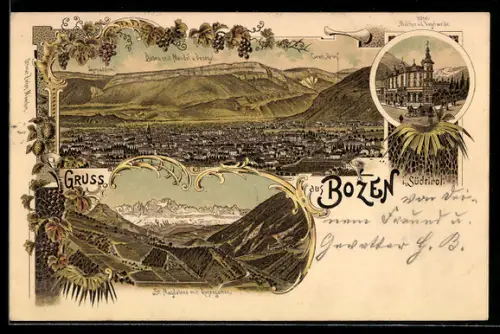 Lithographie Bozen /Südtirol, Hotel Walter von der Vogelweide, St. Magdalena mit Rosengarten