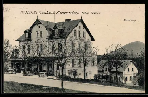 AK Stimmersdorf /Böhm. Schweiz, C. Hütel`s Gasthaus mit Rosenberg