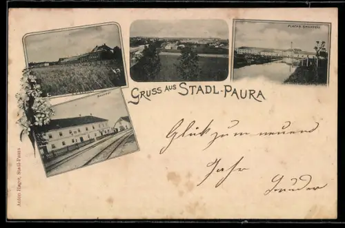 AK Stadl-Paura, Flachs-Spinnerei, Bahnhof und K. k. Gestüt
