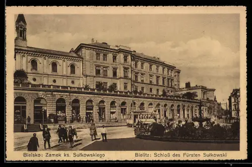 AK Bielitz, Schloss des Fürsten Sulkowski, Strassenbahn