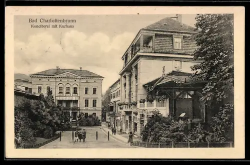 AK Bad Charlottenbrunn, Konditorei mit Kurhaus und Grünanlagen