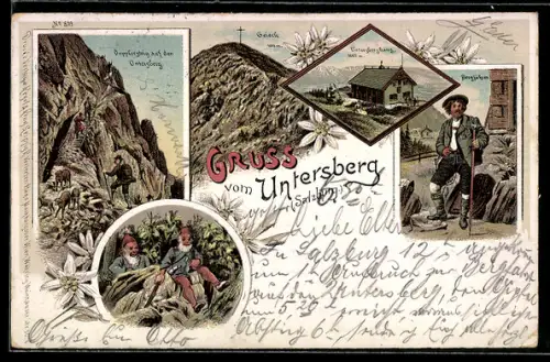 Lithographie Untersberghaus /Salzburg, Geieckspitze, Doppfersteig auf dem Unterberg, Bergführer