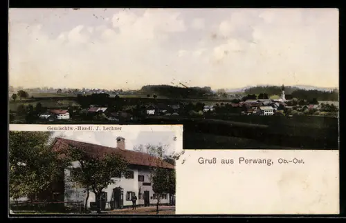 AK Perwang /Ob.-Öst., Totalansicht mit Kirche, Geschäft von J. Lechner