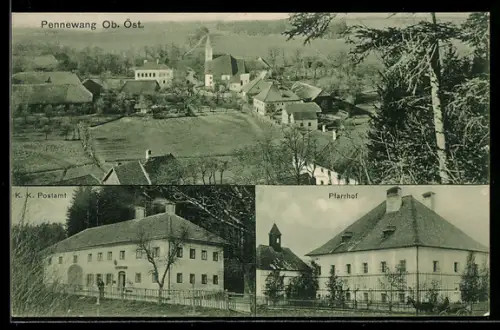 AK Pennewang /Ob. Öst., K. k. Postamt, Pfarrhof, Ortsansicht