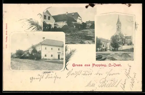 AK Pupping /O.-Oest., Ortspartie mit Kirche und Wohnhäusern