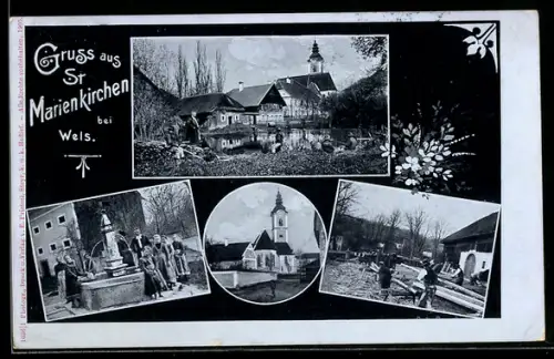 AK St. Marienkirchen bei Wels, Kirche und Passanten am Brunnen, Handwerker