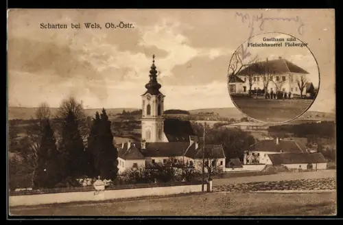 AK Scharten b. Wels, Gesamtansicht, Gasthaus und Fleischhauerei Ploberger