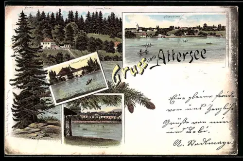 Lithographie Seewalchen am Attersee, Schloss Kammer, Hotel Kammer und Seewalchen