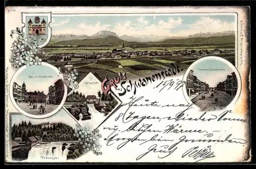 Lithographie Schwanenstadt, Oberer Stadtplatz, Traunfall, Gesamtansicht