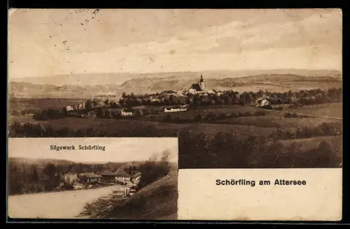 AK Schörfling am Attersee, Totalansicht mit Kirche und Sägewerk