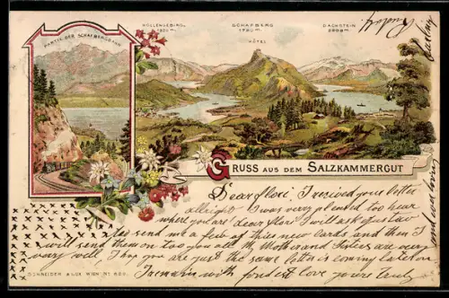 Lithographie Schafberg /Salzkammergut, Partie der Schafbergbahn, Höllengebirge und Dachstein