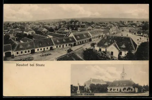 AK Neudorf bei Staatz, Totalansicht des Ortes aus der Vogelschau mit Kirche und Denkmal