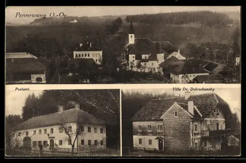 AK Pennewang /O.-Oe., Teilansicht des Ortes aus der Vogelschau mit Kirche, Postamt, Villa Dr. Dobrschansky