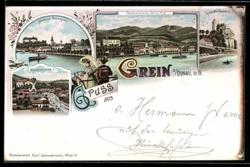 Lithographie Grein /Donau, Hauptstrasse aus der Vogelschau, Am Donauquai