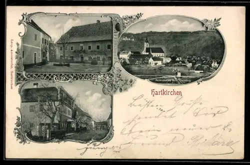 AK Hartkirchen, Gemeindeamt und Postamt, Kirchenplatz, Ortsansicht mit Ruine Schaumburg