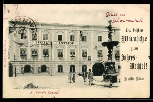 AK Schwanenstadt, P. Zeiner`s Gasthof mit Brunnen