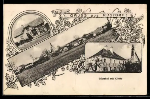 AK Rüstorf, Pfarrhof mit Kirche, Totalansicht des Ortes