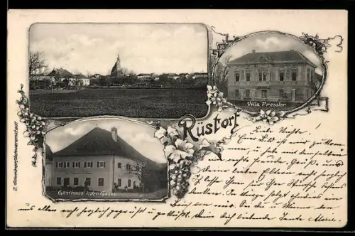 AK Rüstorf, Gasthaus in der Gasse, Villa Pressler, Ortsansicht mit Kirche