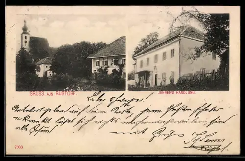 AK Rüstorf, Jenner`s Warenhandlung, Teilansicht des Ortes mit Kirche