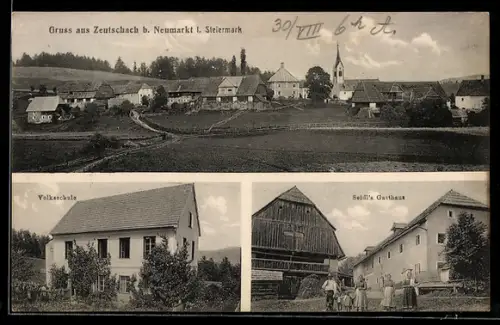 AK Zeutschach b. Neumarkt, Seidl`s Gasthaus, Schule, Ortsansicht mit Kirche