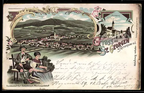 Lithographie St. Georgen, Marktplatz, Gesamtansicht