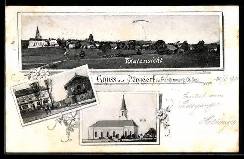 AK Pöndorf bei Frankenmarkt, K.K. Postamt, Kirche, Totalansicht vom Ort