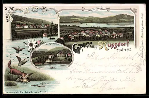 Lithographie Nussdorf a. Attersee, Ortsansicht mit Blick über den See, Stockwinkel