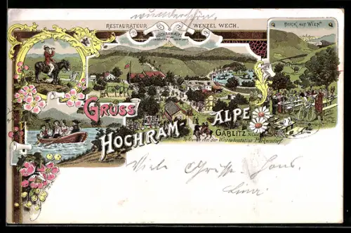 Lithographie Gablitz, Gasthaus auf der Hochram-Alpe aus der Vogelschau, Blick auf Wien, Bootspartie