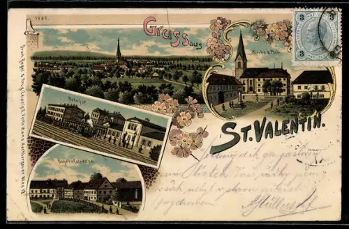 Lithographie St. Valentin, Kirche & Platz, Bahnhof, Bahnhofstrasse