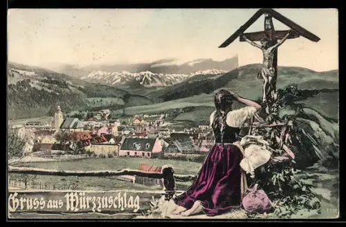 AK Mürzzuschlag, Gesamtansicht, Steiermarkerin betet am Flurkreuz