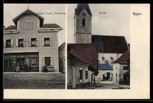 AK Regau, Warenhandlung von Johann Treml, Kirche
