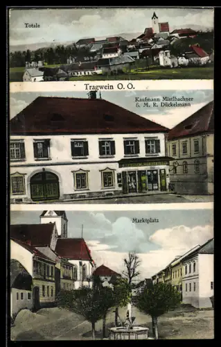 AK Tragwein /O.Ö., Kaufmann Mistlbachner und M. R. Dückelmann, Marktplatz, Totalansicht vom Ort