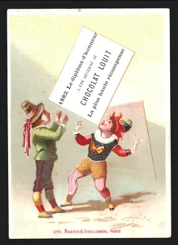 Sammelbild Louit Frères & Cie., Chocolats, Thés, pates pour potages, Clown und Mann mit einem Diplom