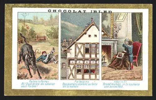 Sammelbild Chocolat Ibled, Des ouvriers étaient au faite de la maison