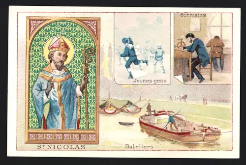Sammelbild Paris, Chocolat Ibled, St. Nicolas, Bateliers, Jeunes gens, Ecrivains