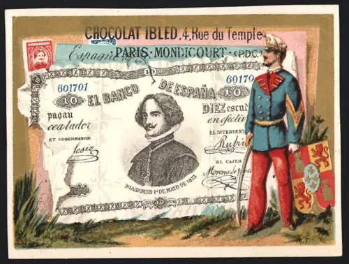 Sammelbild Paris, Chocolat Ibled, Soldat neben einem spanischen Geldschein
