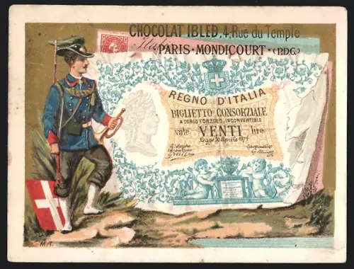 Sammelbild Paris, Chocolat Ibled, Soldat neben einem italienischen Lire-Schein