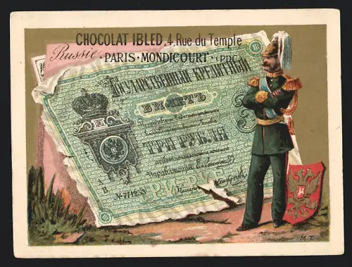 Sammelbild Paris, Chocolat Ibled, Soldat neben einem russischen Rubelschein