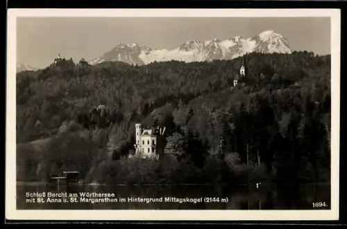 AK Reifnitz am Wörthersee, Schloss Bercht, St. Anna und St. Margarethen, Mittagskogel im Hintergrund