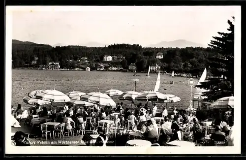 AK Velden am Wörthersee, Seeterrasse mit Sonnenschirmen und Segelbooten
