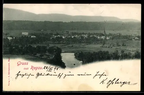 AK Regau, Panorama mit Fluss, Brücke und Kirche