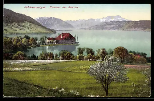 AK Kammer am Attersee, Schloss auf Halbinsel, See und Bergpanorama