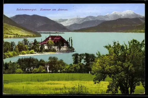 AK Kammer am Attersee, Ufergebäude und Gebirgspanorama