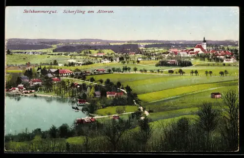 AK Schörfling am Attersee, Panorama mit See, Uferhäusern und Kirche